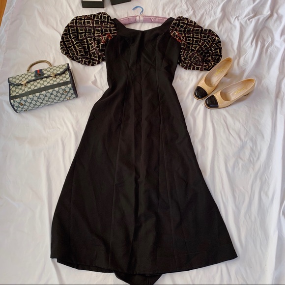 Vtg 80s Ballon Sleeves Velvet Wiggle Maxi Dress - Picture 7 of 9